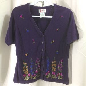 Embroidered Floral Ramie Cotton Cardigan Purple Cottagecore 1990s Sweater Sz 12